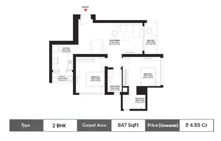Sobha Inizio 2 BHK floor plan, 847 sq ft carpet area