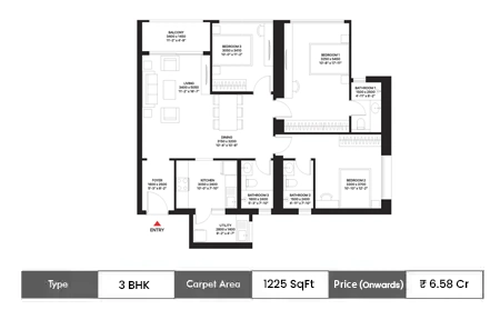 Sobha Inizio 3 BHK floor plan, 1225 sq ft carpet area